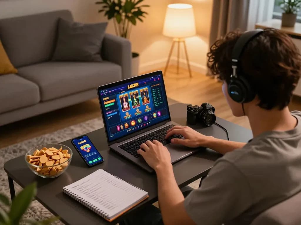 Người chơi tham gia thưởng thức các trò chơi casino trực tuyến LUCK8 trên laptop với những ghi chú chiến lược bên cạnh.