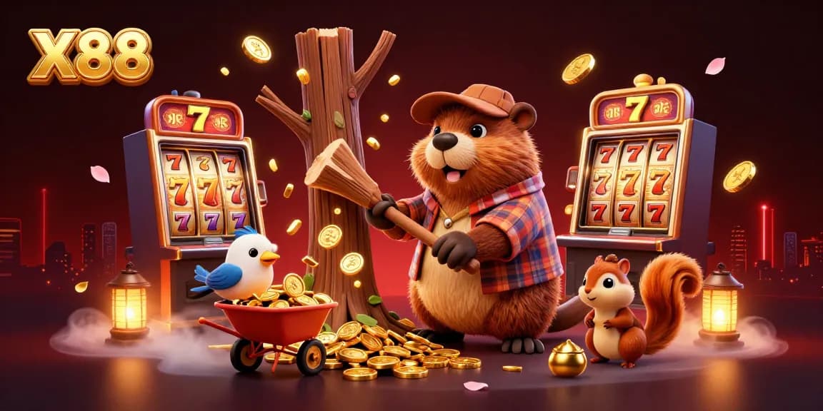 X88 engages players with a vibrant scene of a beaver collecting golden coins and jackpot reels, enhancing the gaming experience.