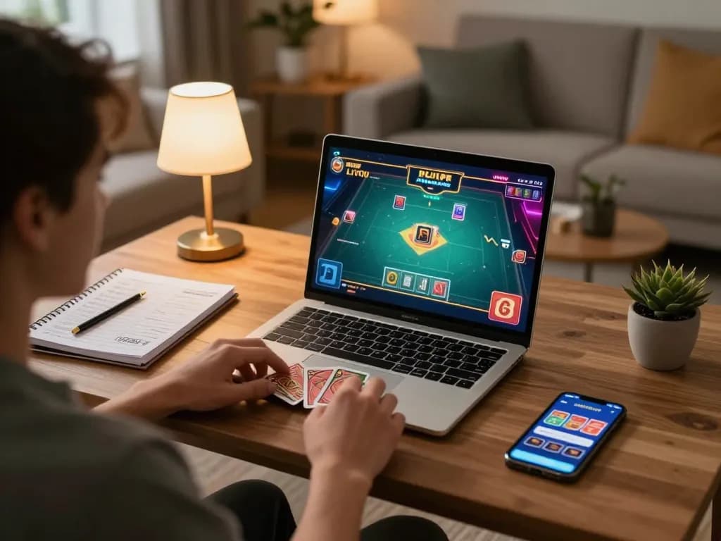 Engaged in strategic gameplay at TRANG CHỦ LUCK8, a cozy room with laptop and gaming materials.