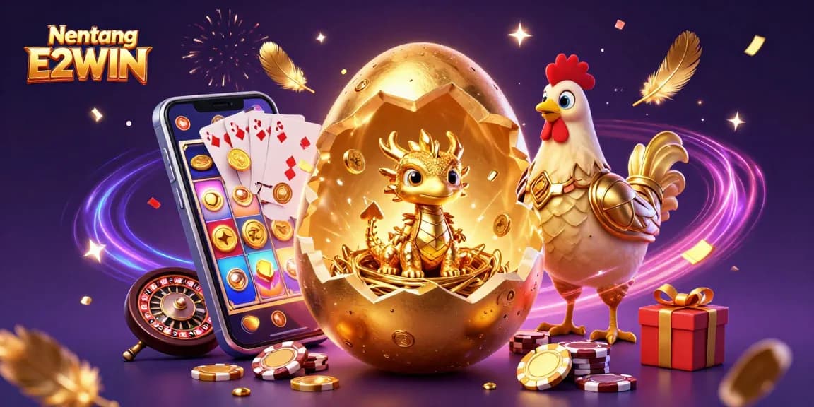 Engage with the magical world of Nen tang E2WIN showcasing a baby dragon nestled in poker chips amid dazzling casino graphics.