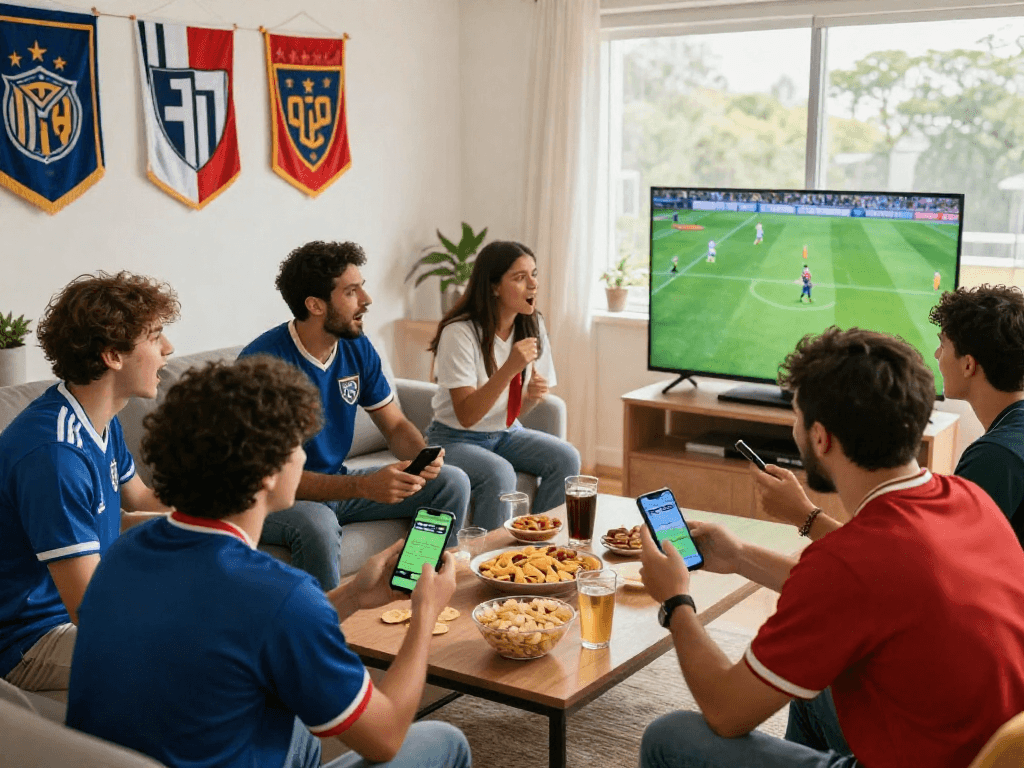 Fußball Wettanbieter in lebendiger Umgebung: Freunde jubeln beim Fußballspiel mit Sportwetten-Apps auf Smartphones.