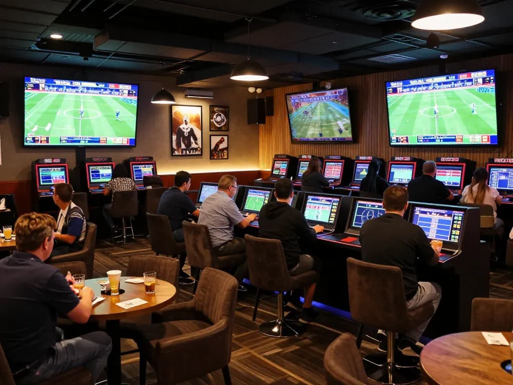 Engaging sports bettors reviewing tỷ lệ bóng đá kèo nhà cái on large monitors in a modern betting lounge.