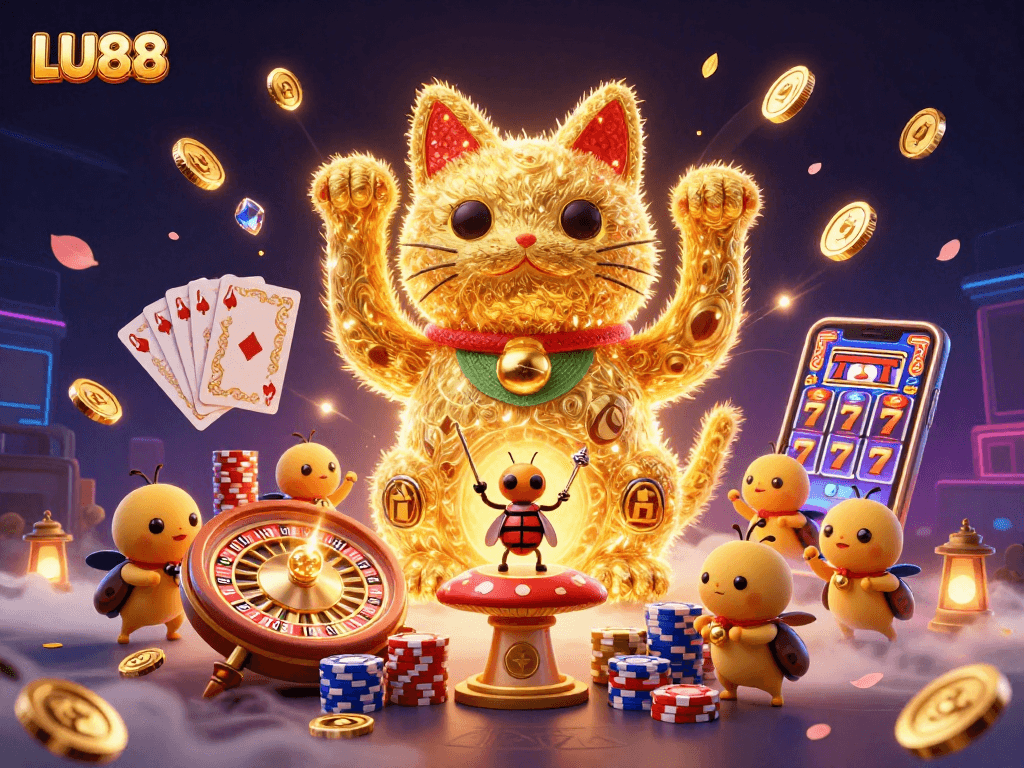 LU88 casino illustration featuring lucky cat, golden fireflies, and vibrant gaming elements.