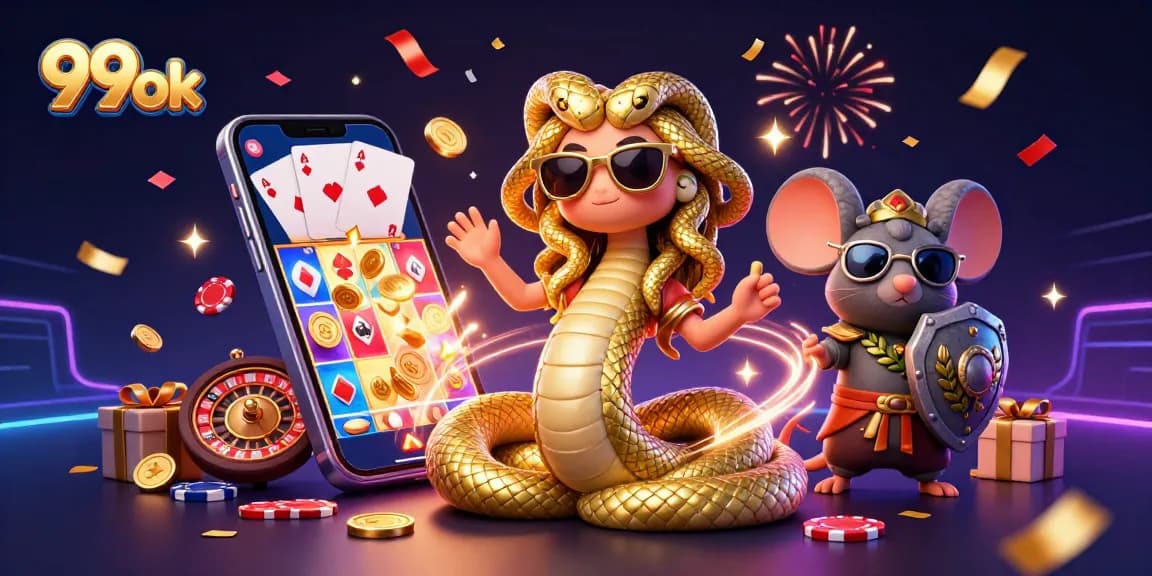 Spin to win at 99ok with Medusa and a warrior surrounded by exciting casino elements!