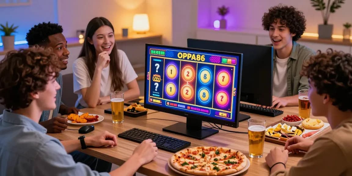 Friends enjoying online slot games on OPPA86, showcasing excitement and social gaming.