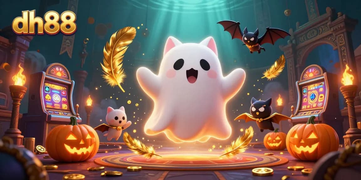 Join the ghost cat and bat in dh88's vibrant haunted casino adventure amid glowing jack-o-lanterns.
