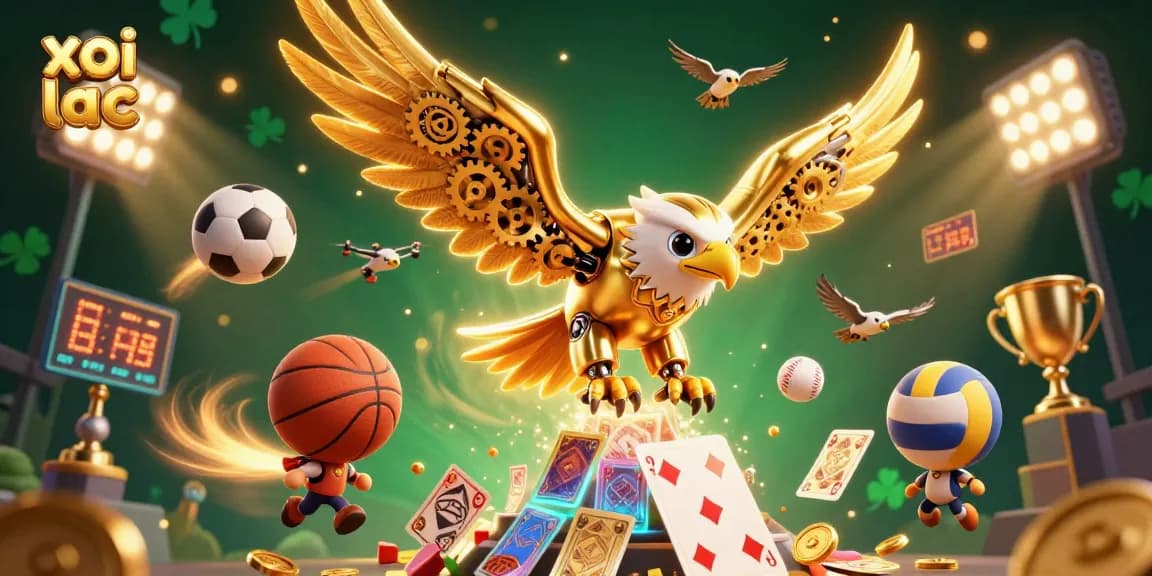 Xoi lac showcases an exciting 3D illustration of a golden eagle amidst flying sports elements, captivating betting activities.