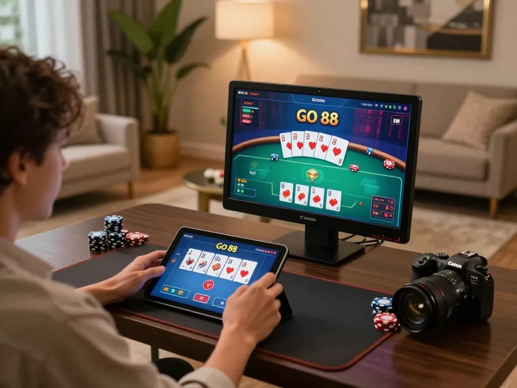 Người chơi bài Go 88 trực tuyến trên máy tính bảng tại bàn làm việc hiện đại, trình bày lối chơi chiến lược.