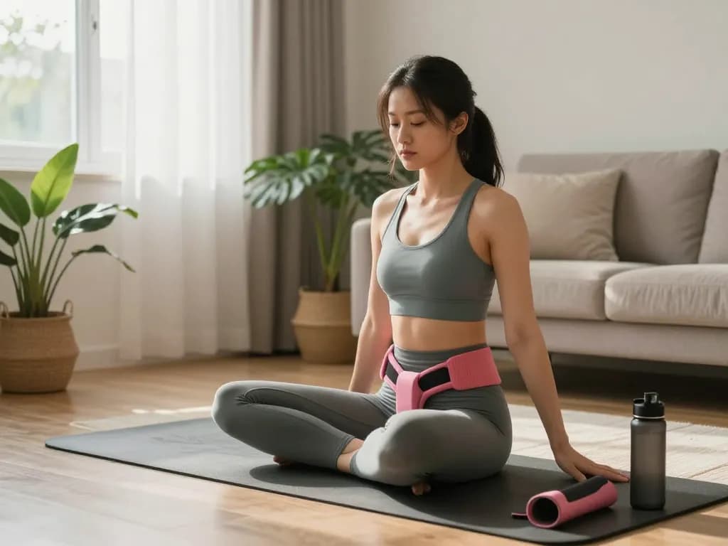 Woman practicing pelvic floor exercises with pelvic floor trainer from https://pelvi-care.de/ in a serene home environment.