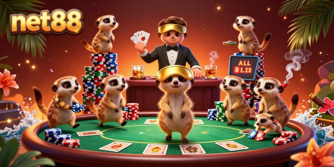 Experience the thrilling casino action at net88 with lively meerkats and colorful poker elements.
