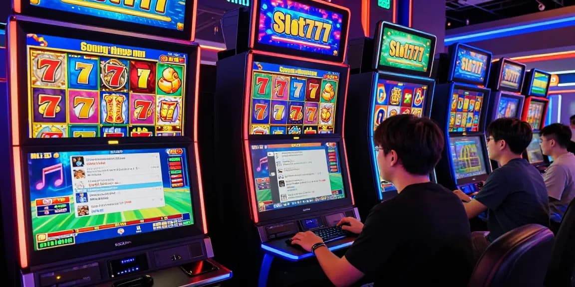 Pengalaman bermain Slot777 dengan antusiasme, simbol jackpot, dan suasana kasino online yang meriah.