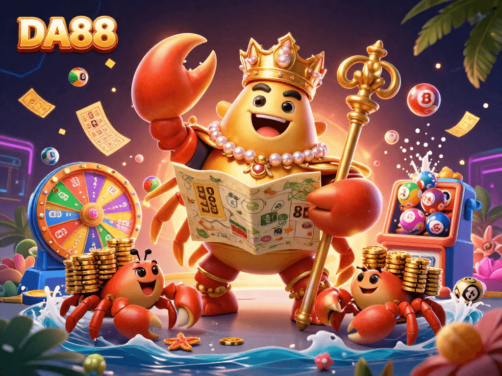Engage with DA88's vibrant lottery atmosphere featuring a golden crab emperor and dynamic game elements.