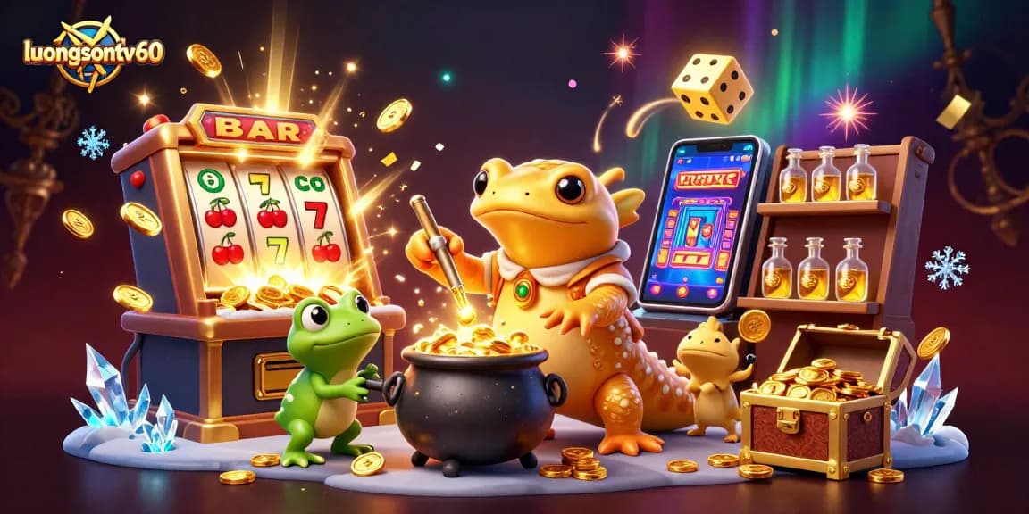 luongsontv60 presents vibrant action in a 3D casino setting with dynamic winning elements.