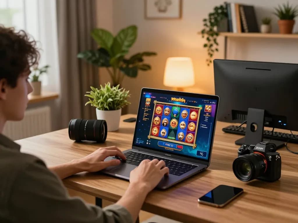 Playing exciting slot games at 98win on a laptop in a cozy home office setting.