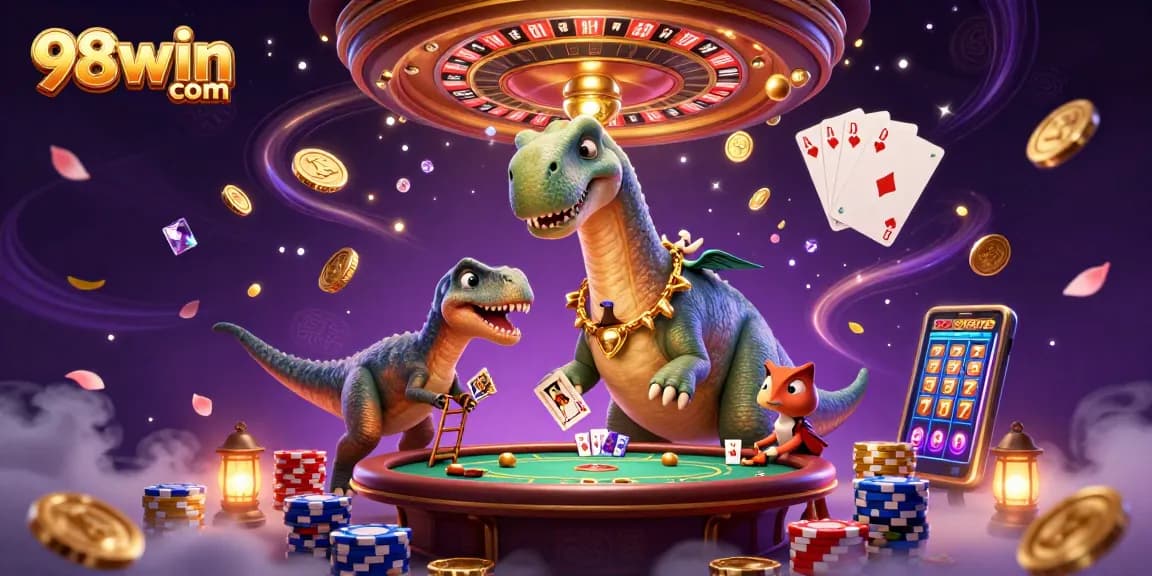 Engage in the excitement of 98win com with animated casino elements and vibrant 3D characters.