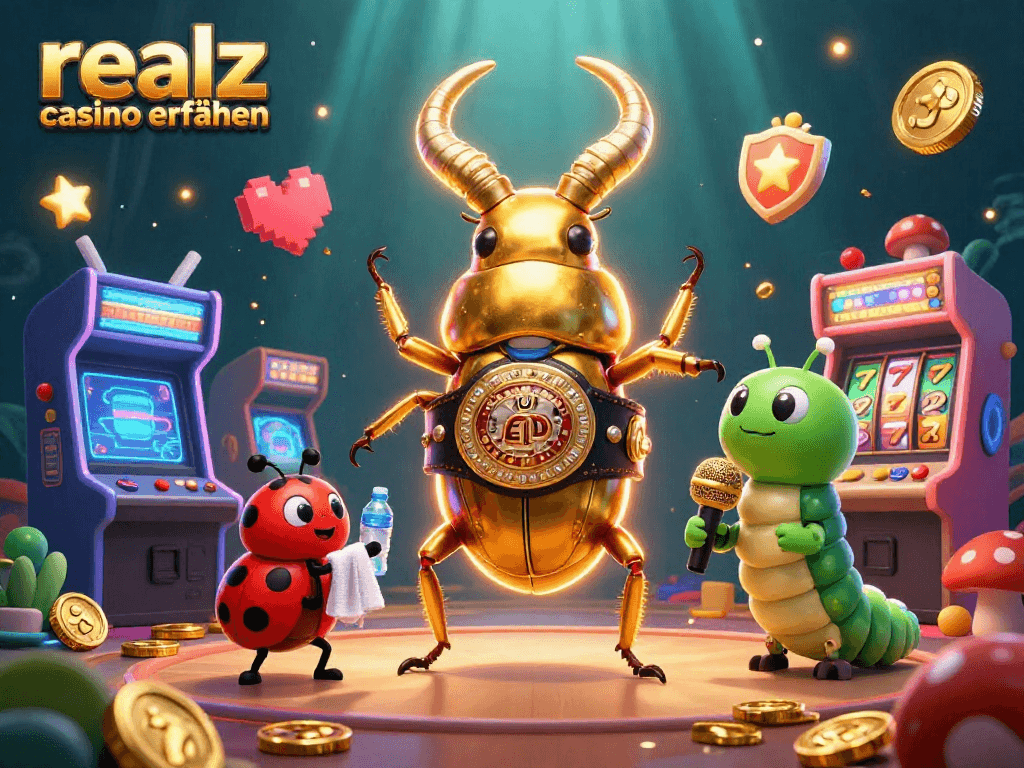 Erlebe Realz Casino Erfahrungen in einer dynamischen 3D-Szene mit einem goldenen Käfer und Spielelementen.