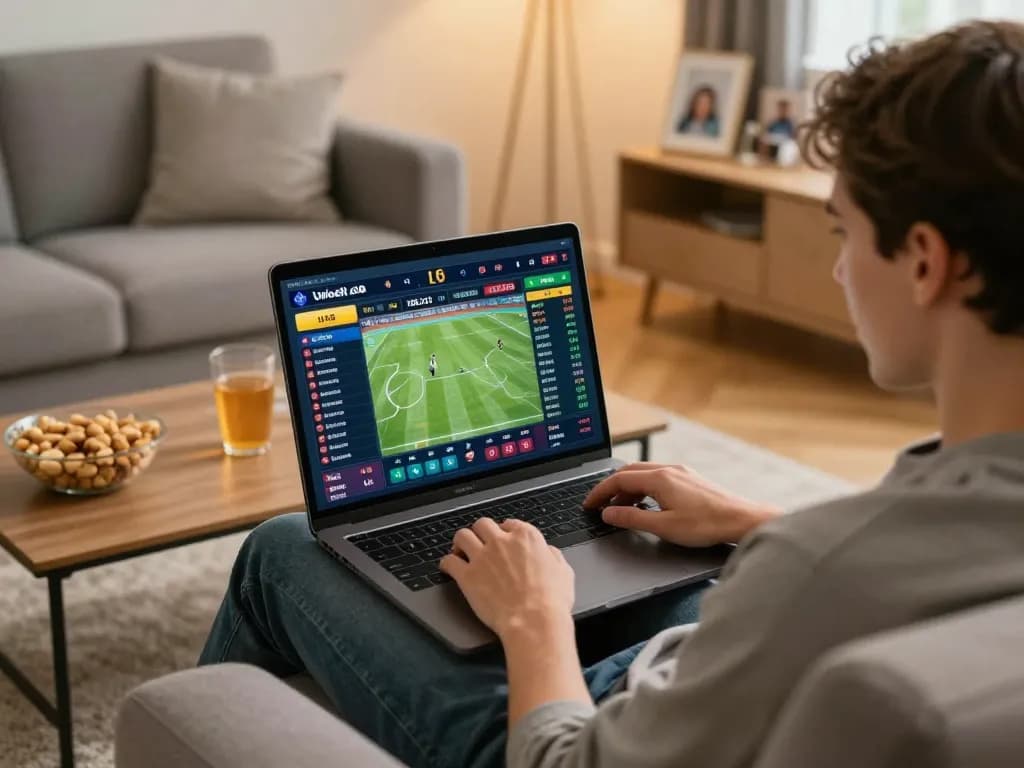 Engaged user betting live on u88 sports platform from home couch