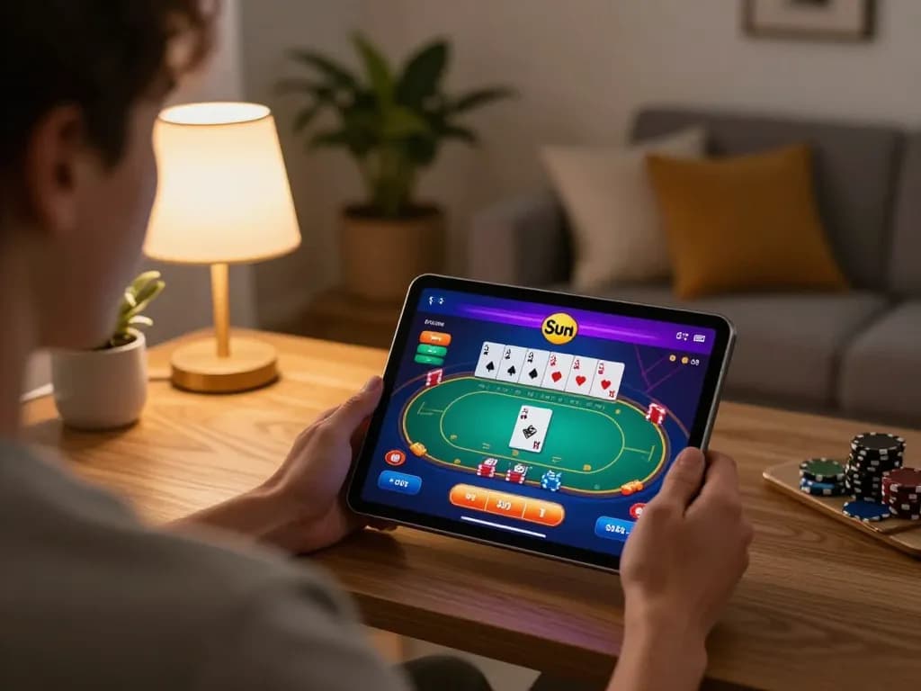 Engaged player enjoying Sun win's online casino gaming on a tablet in a cozy home setup.
