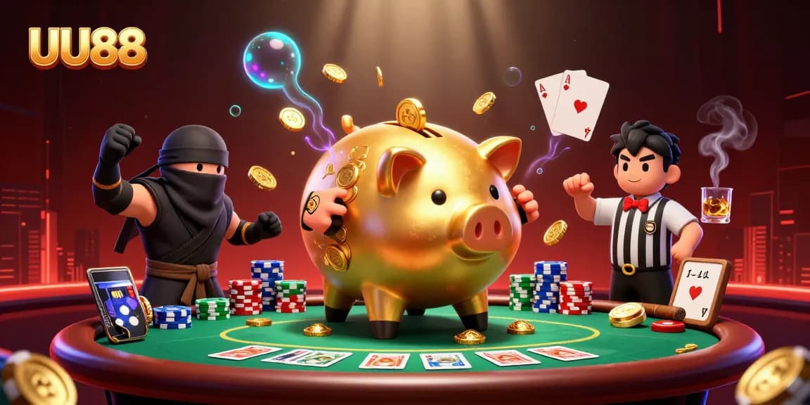 UU88 showcases a colorful 3D digital scene with a massive golden piggy bank sumo wrestler surrounded by vibrant poker elements.