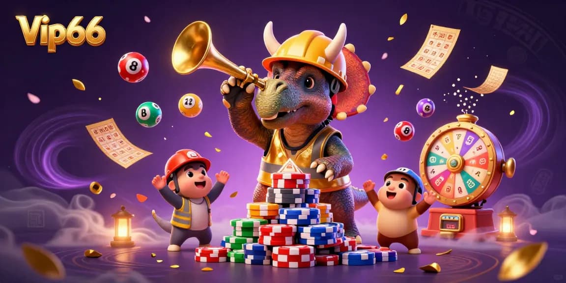 Engage in thrilling games at Vip66 with a lively scene of animated dinosaurs celebrating achievements amidst vibrant casino elements.