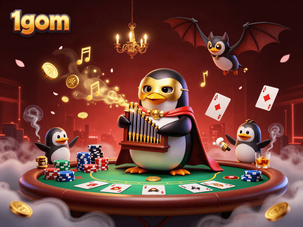 Enjoy thrilling moments with 1gom as a penguin organist showers coins, surrounded by poker elements.