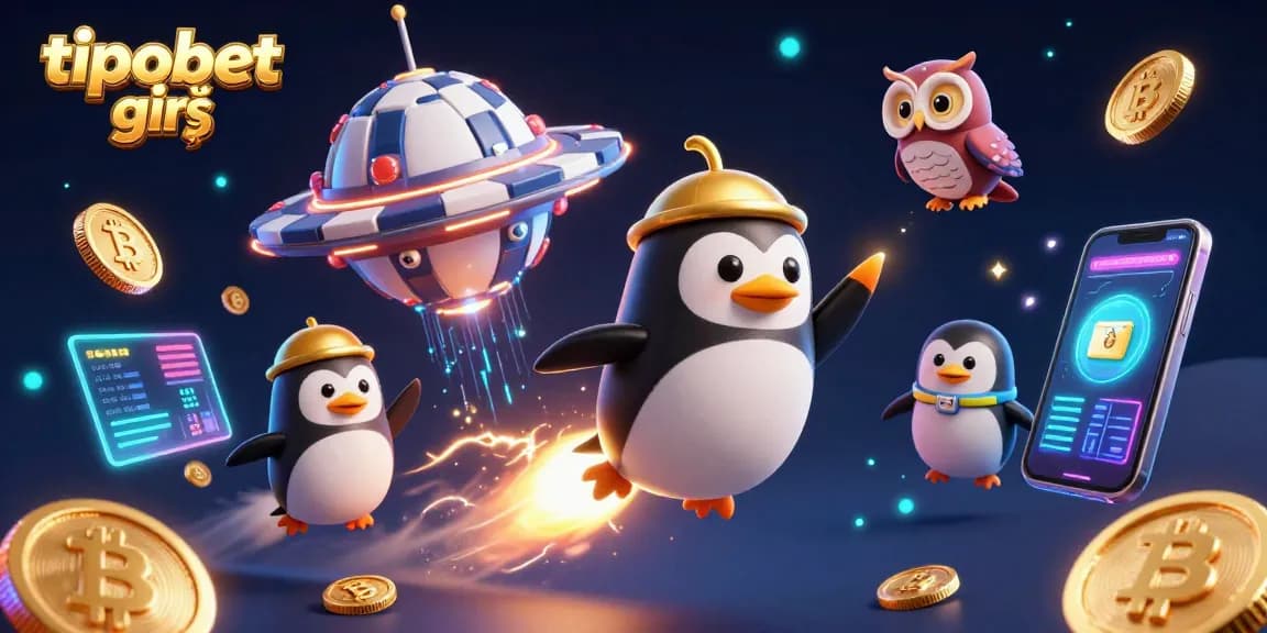 Tipobet giriş ile oynamak için heyecan verici 3D casino illustrationsu, altın penguen ve poker çipi tasarımıyla.