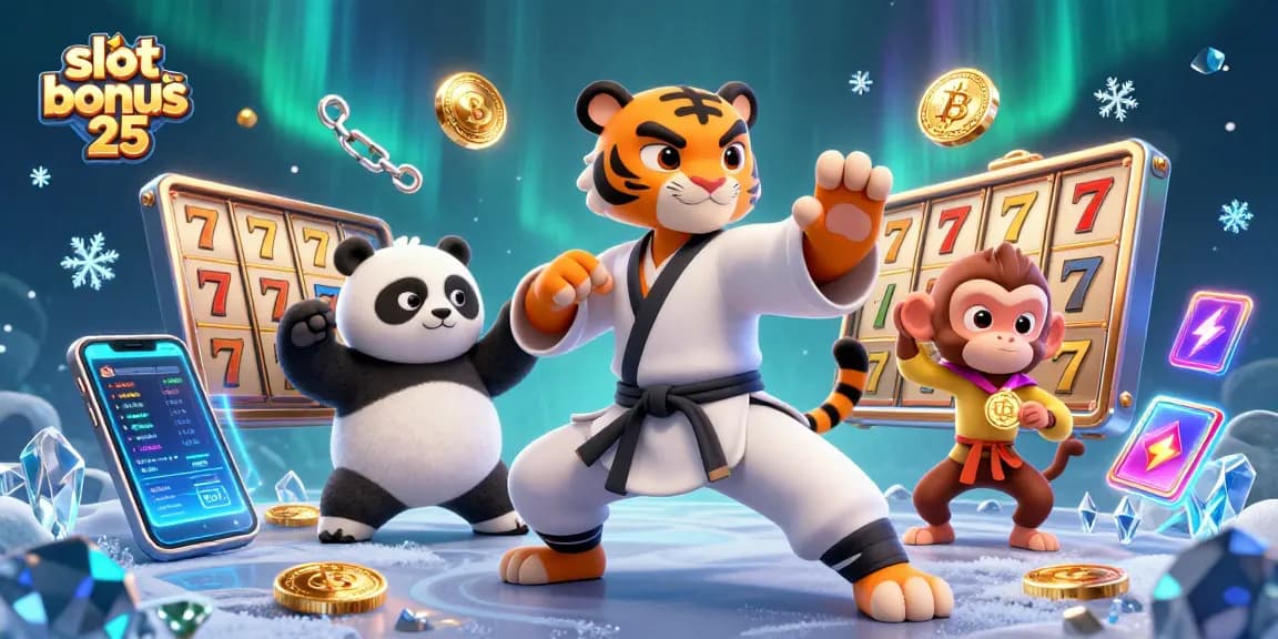 Experience the excitement of slot bonus 25 with colorful slot reels amidst fun characters in a vibrant casino setting.