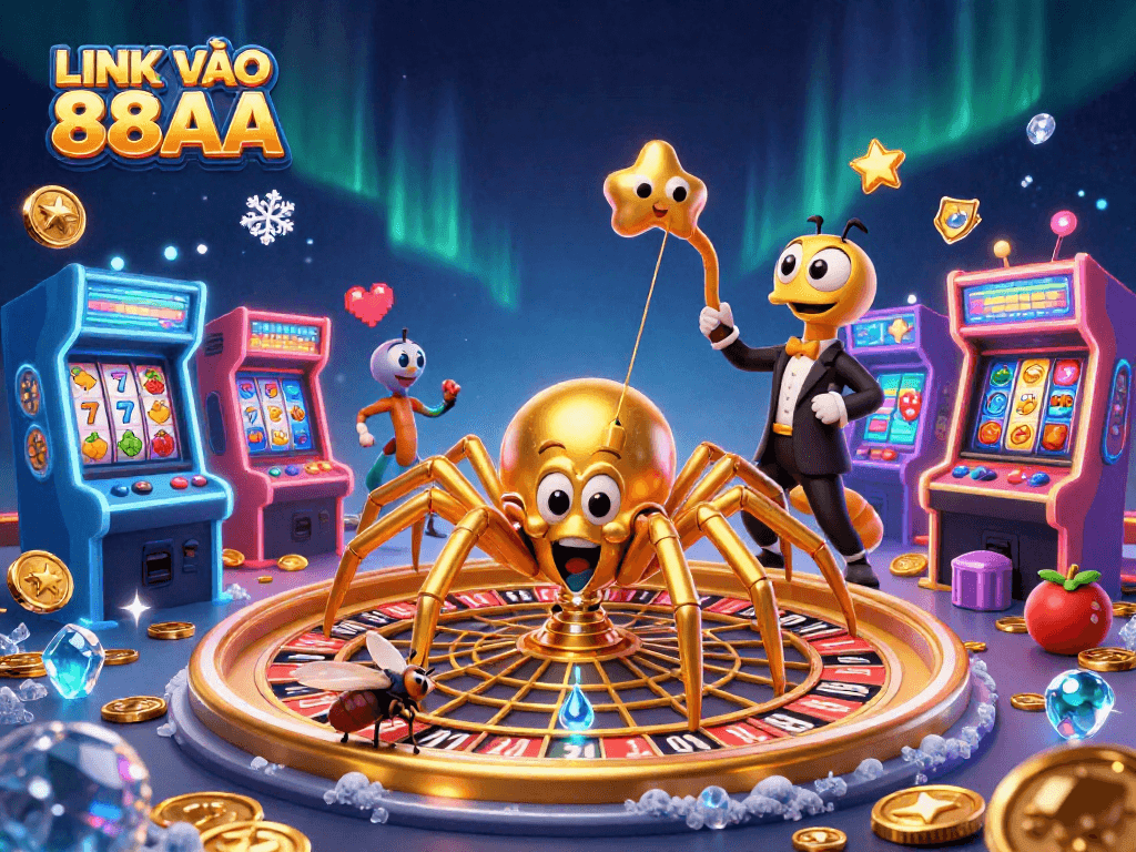 Engage with LINK VÀO 88AA in this vibrant 3D casino scene featuring a golden spider and a centipede croupier.