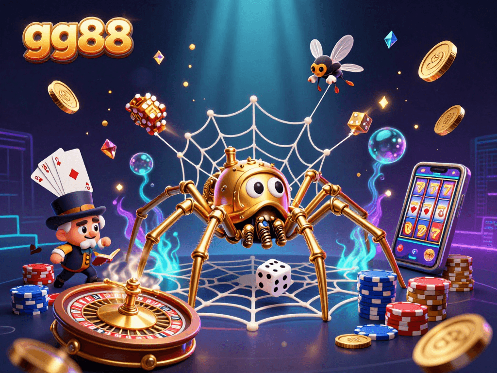 Catch lucky dice in gg88's steampunk web of chances, richly illustrated with vibrant casino elements.