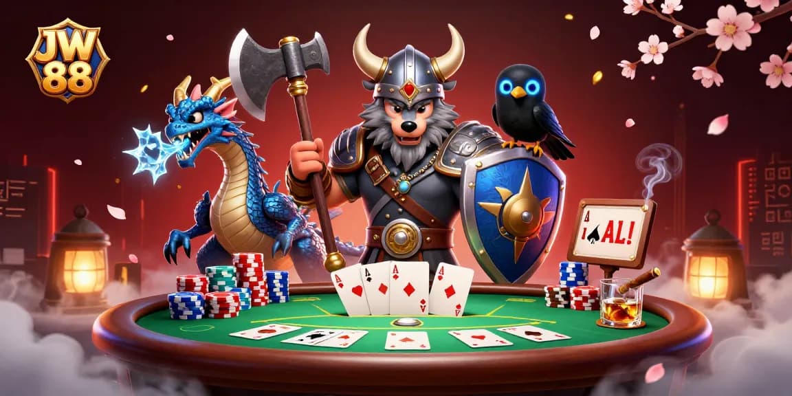 Engage in thrilling poker action with JW 88 as a Viking wolf warrior, dragon, and raven bring excitement to the table.