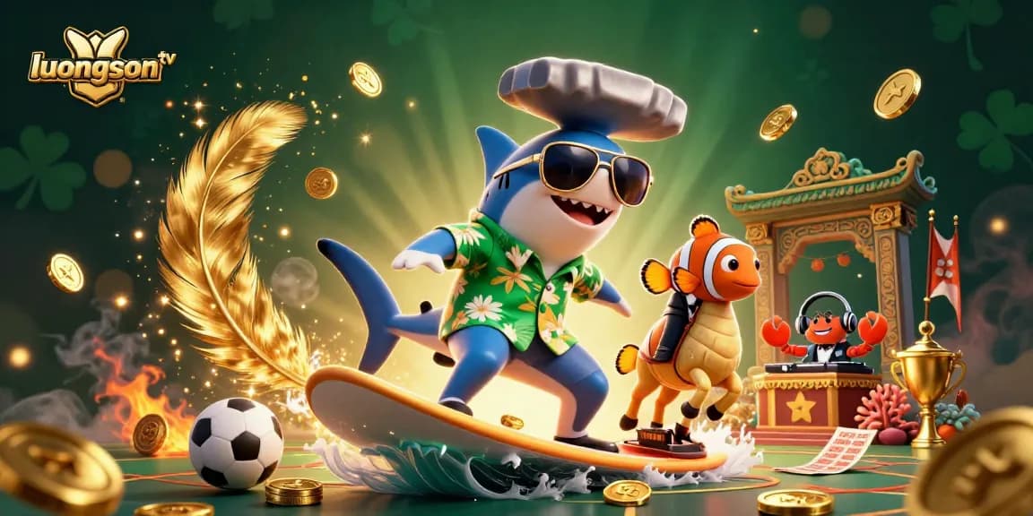 Experience thrilling sports betting with luongson tv as a cartoon shark rides a wave of gold.