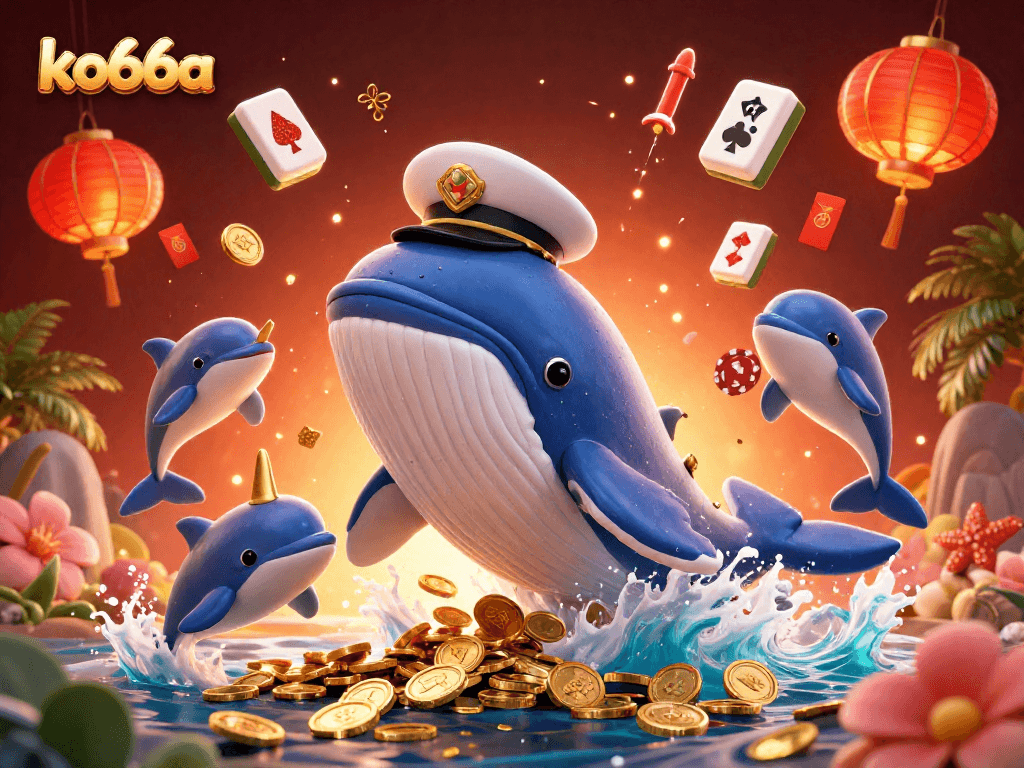 Engage with ko66a's vibrant casino world featuring a playful whale and decked games.