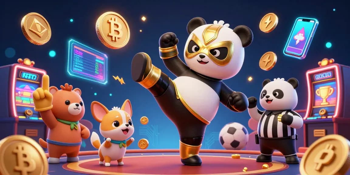 Socolive showcases a lively 3D scene of a panda wrestler kicking, amidst Bitcoin and Ethereum highlights in a vibrant gambling atmosphere.