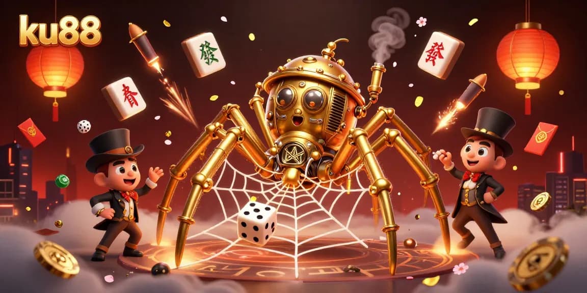 ku88 delivers luck with 3D steampunk spider entwined in a web of fortune and fun.