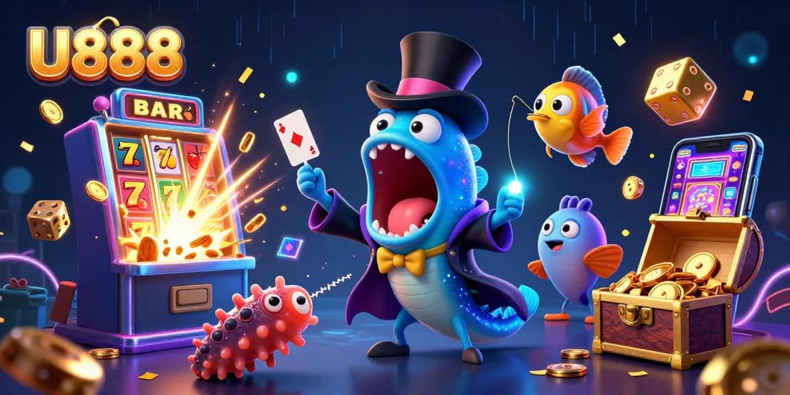 U888 showcases a thrilling jackpot experience with a magical underwater theme featuring engaging characters and vibrant casino symbols.
