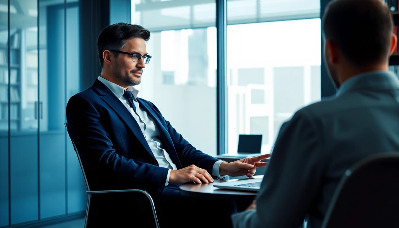 Headhunter Gastronomie verhandelt mit Klienten in modernem Büro.