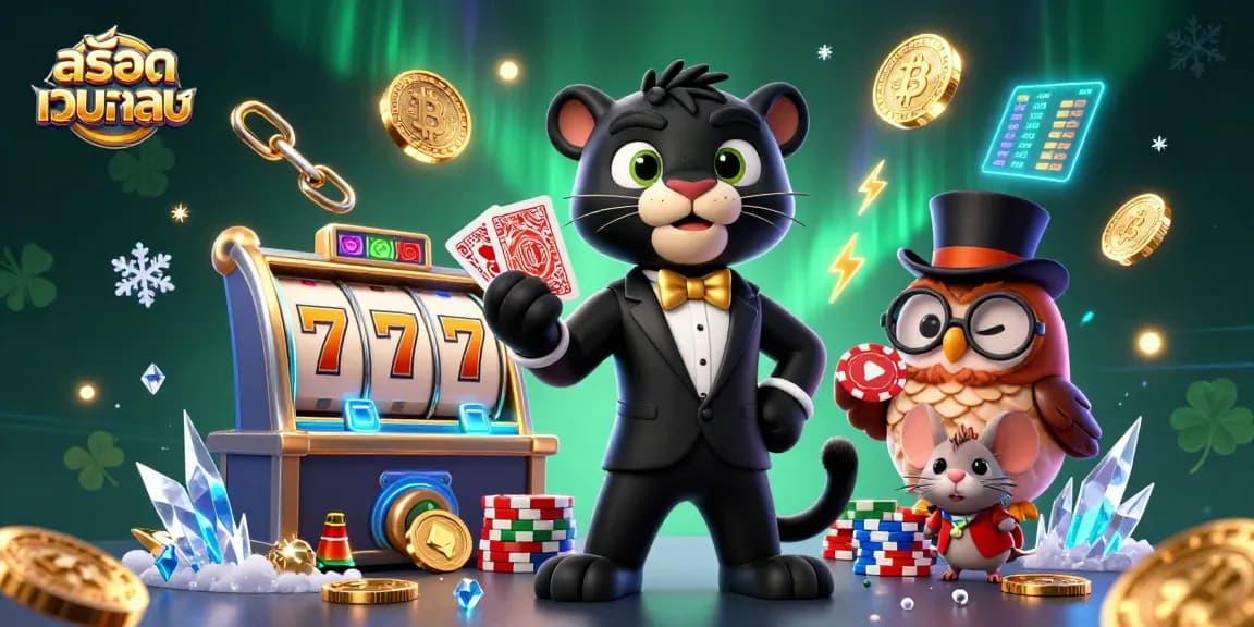 Experience slot excitement with สล็อตเว็บตรง, featuring vibrant characters engaging in thrilling card games.