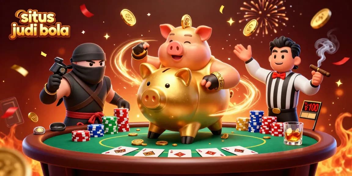 Gambaran situs judi bola dengan karakter kartun 3D yang meriah dan elemen taruhan menghibur.