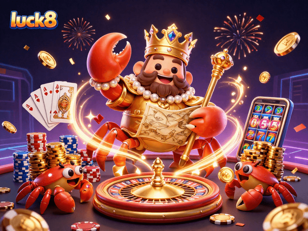 Engage with luck8's golden crab emperor while capturing winning moments in an energetic casino scene.