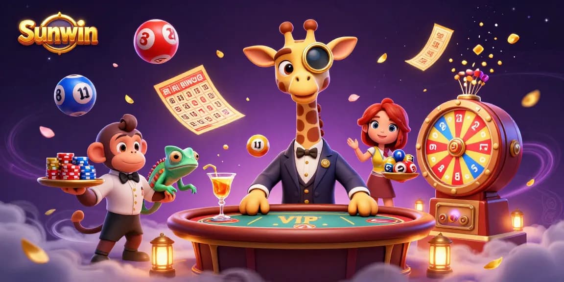 Experience thrilling gambling at Sunwin with a whimsical high-roller giraffe and vibrant game elements.