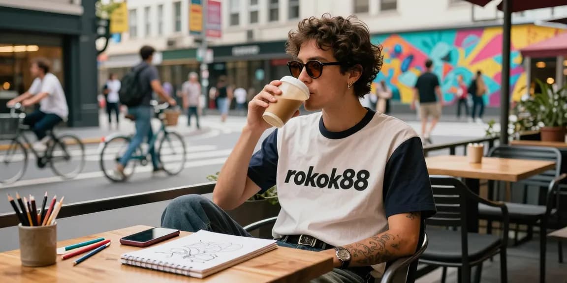 Fashionable individual in a "rokok88" t-shirt enjoying coffee at a lively café.