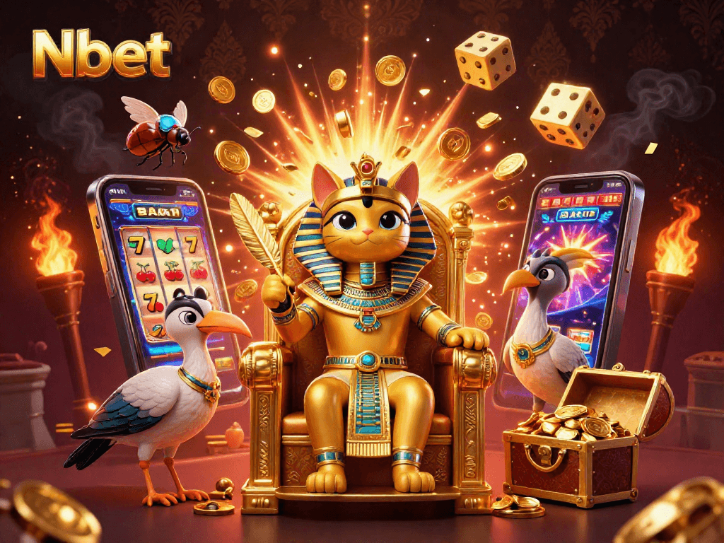 Nbet showcases a vibrant Egyptian-themed casino scene with a pharaoh cat and slot machine bursting with treasures.