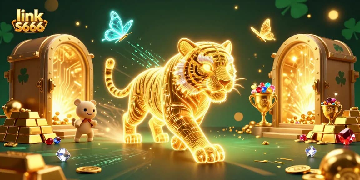 Experience thrilling gaming with link S666: a vibrant illustration of a golden tiger amidst casino riches.