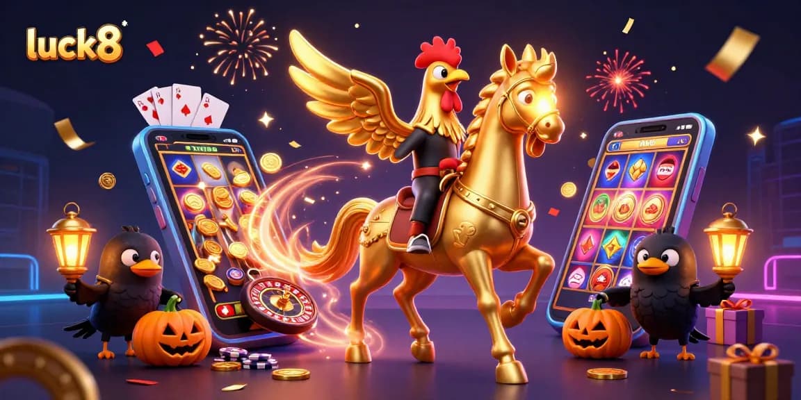 Engage in exciting gaming adventures with luck8's vibrant 3D illustration showcasing innovative online casino elements.