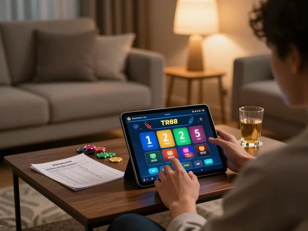 Engaging with TR88 mobile app for online gaming in a cozy home setting.