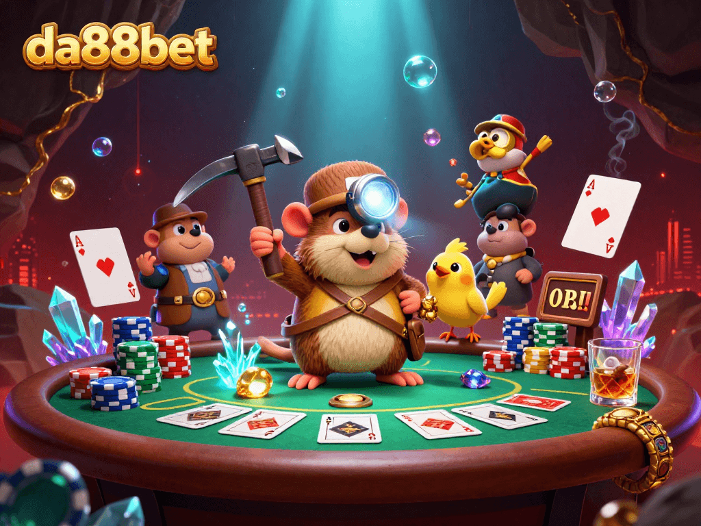da88bet showcases thrilling poker action with a miner and a canary amidst golden treasures.