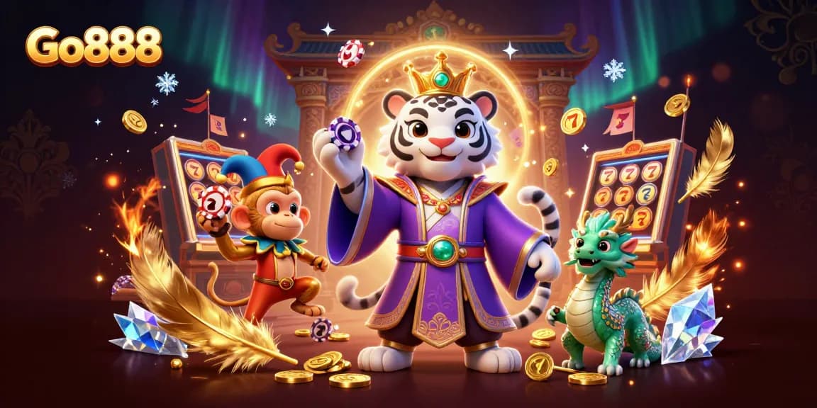 Experience the exciting world of Go888 with a vibrant 3D illustration showcasing a royal tiger and playful monkey amidst a rich casino backdrop.
