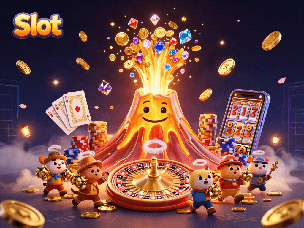 Experience thrilling Slot action with a golden volcano erupting treasures in a vibrant casino scene.