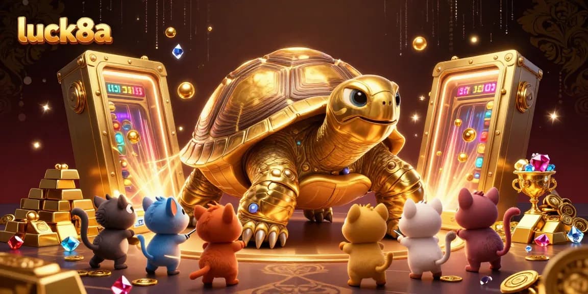 Experience the excitement at luck8a with a golden tortoise pinball machine in a vibrant casino scene.