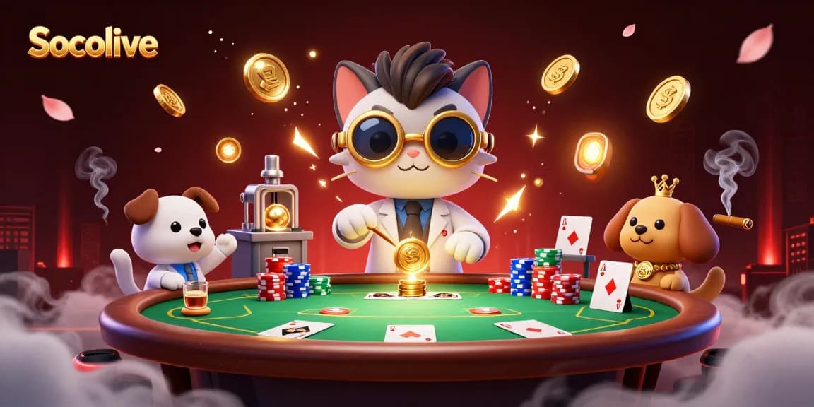 Socolive brings thrilling poker action to life with dynamic 3D cartoon characters in a vibrant casino lab.